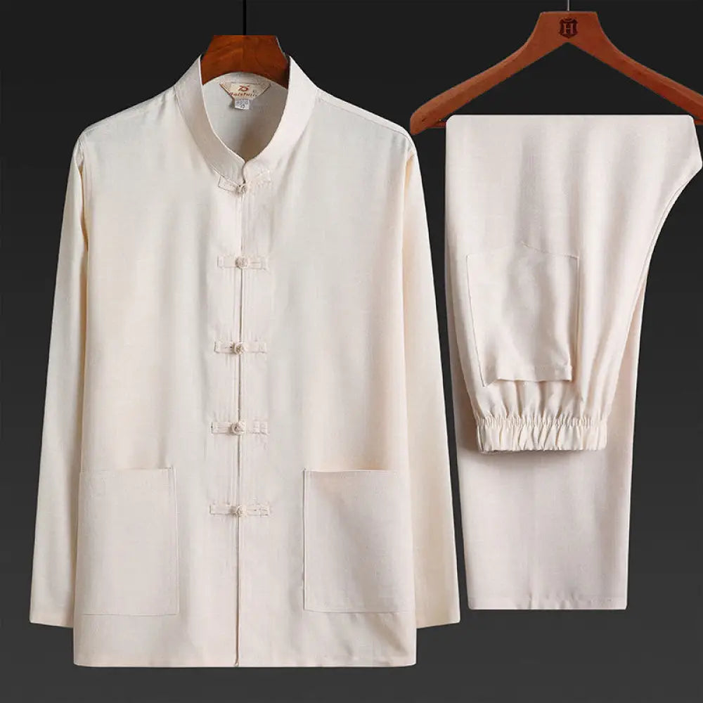 Buddha Stones 2Pcs Tang Suit Plain Color Frog-Button Men’s Long Sleeve Shirt Pants Set - Linen / 2Pcs Set