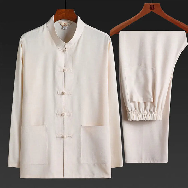 Buddha Stones 2Pcs Tang Suit Plain Color Frog-Button Men’s Long Sleeve Shirt Pants Set - Linen / 2Pcs Set
