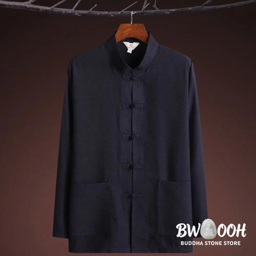 Buddha Stones 2Pcs Tang Suit Plain Color Frog-Button Men’s Long Sleeve Shirt Pants Set - Men’s Meditation Cloth