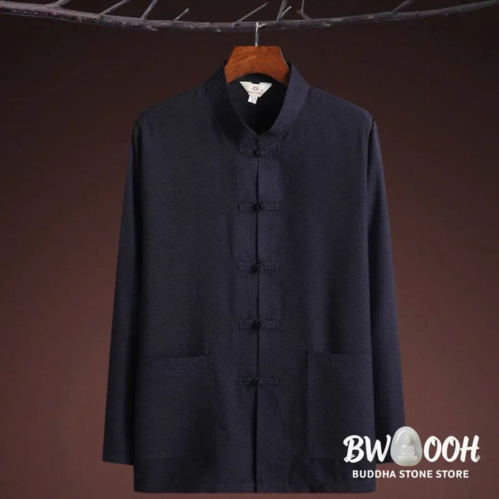 Buddha Stones 2Pcs Tang Suit Plain Color Frog-Button Men’s Long Sleeve Shirt Pants Set - Men’s Meditation Cloth