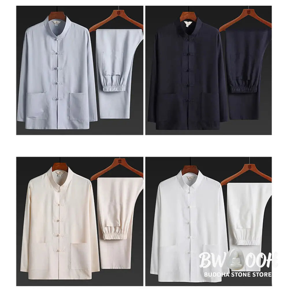 Buddha Stones 2Pcs Tang Suit Plain Color Frog-Button Men’s Long Sleeve Shirt Pants Set - Men’s Meditation Cloth