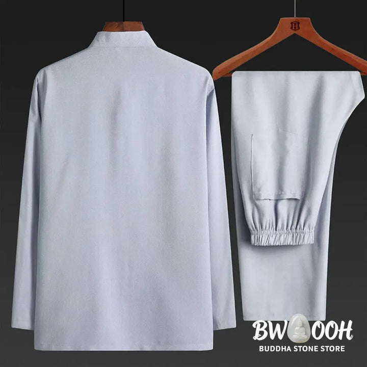 Buddha Stones 2Pcs Tang Suit Plain Color Frog-Button Men’s Long Sleeve Shirt Pants Set - Men’s Meditation Cloth