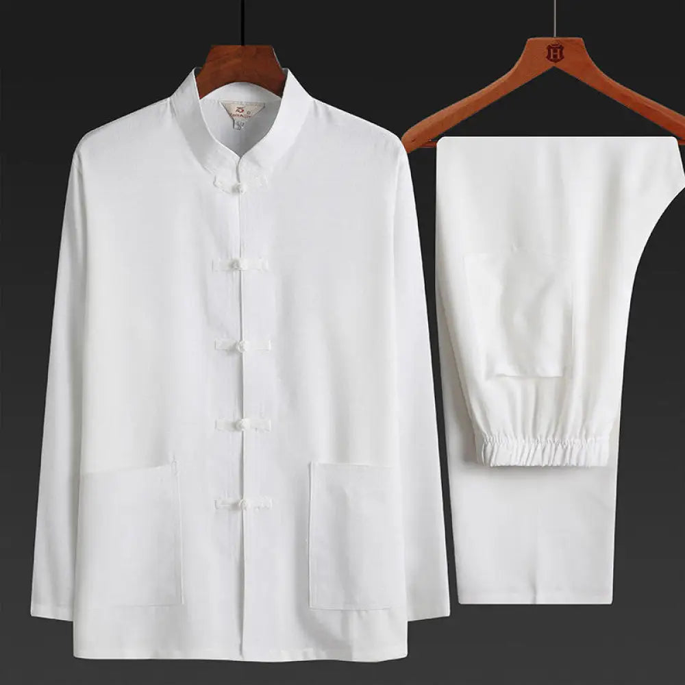 Buddha Stones 2Pcs Tang Suit Plain Color Frog-Button Men’s Long Sleeve Shirt Pants Set - White / 2Pcs Set