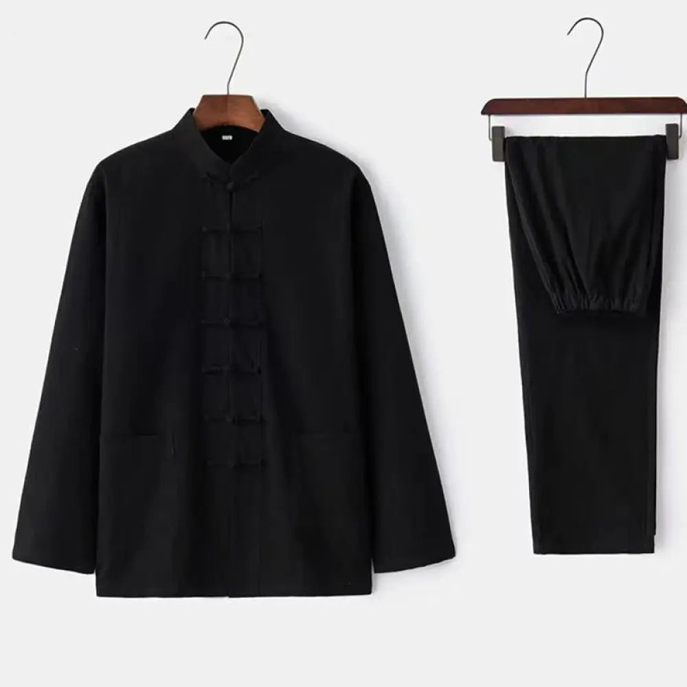 Buddha Stones 2Pcs Tang Suit Traditional Frog-Button Uniform Long Sleeve Shirt Pants Men’s Set - Black
