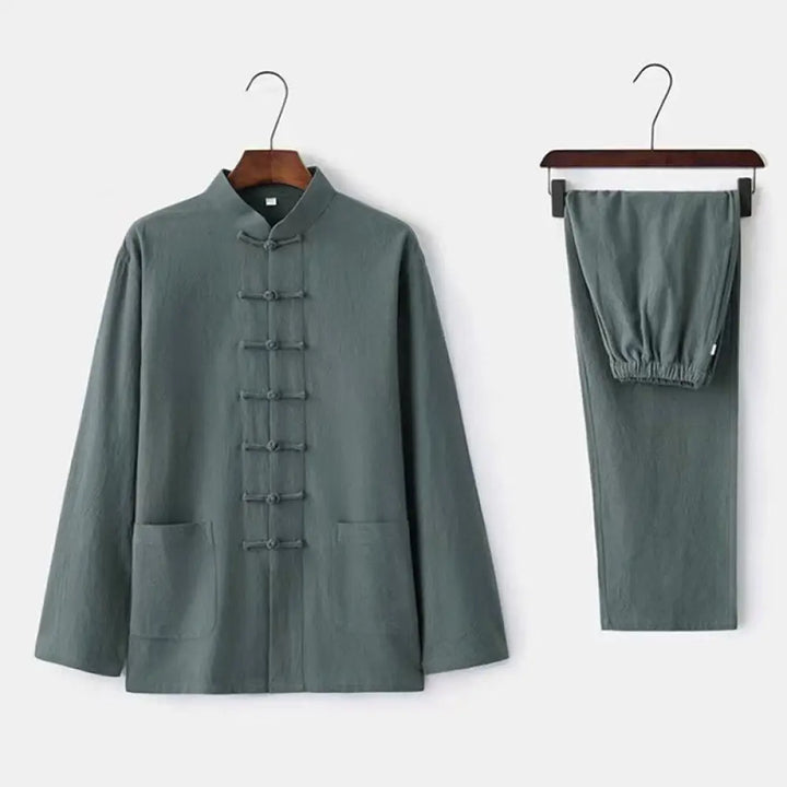 Buddha Stones 2Pcs Tang Suit Traditional Frog-Button Uniform Long Sleeve Shirt Pants Men’s Set - CadetBlue