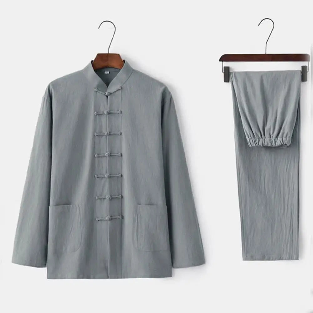Buddha Stones 2Pcs Tang Suit Traditional Frog-Button Uniform Long Sleeve Shirt Pants Men’s Set - Gainsboro