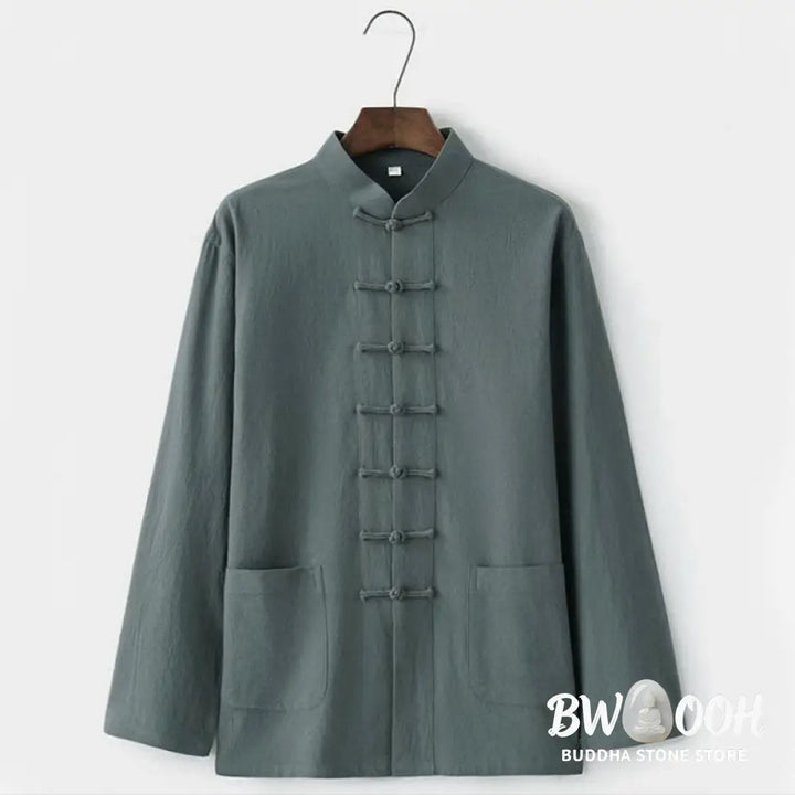 Buddha Stones 2Pcs Tang Suit Traditional Frog-Button Uniform Long Sleeve Shirt Pants Men’s Set - Men’s Meditation Cloth