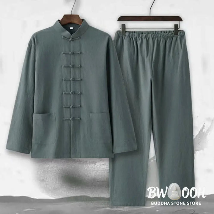 Buddha Stones 2Pcs Tang Suit Traditional Frog-Button Uniform Long Sleeve Shirt Pants Men’s Set - Men’s Meditation Cloth