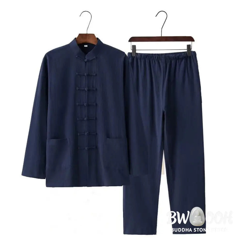 Buddha Stones 2Pcs Tang Suit Traditional Frog-Button Uniform Long Sleeve Shirt Pants Men’s Set - Men’s Meditation Cloth