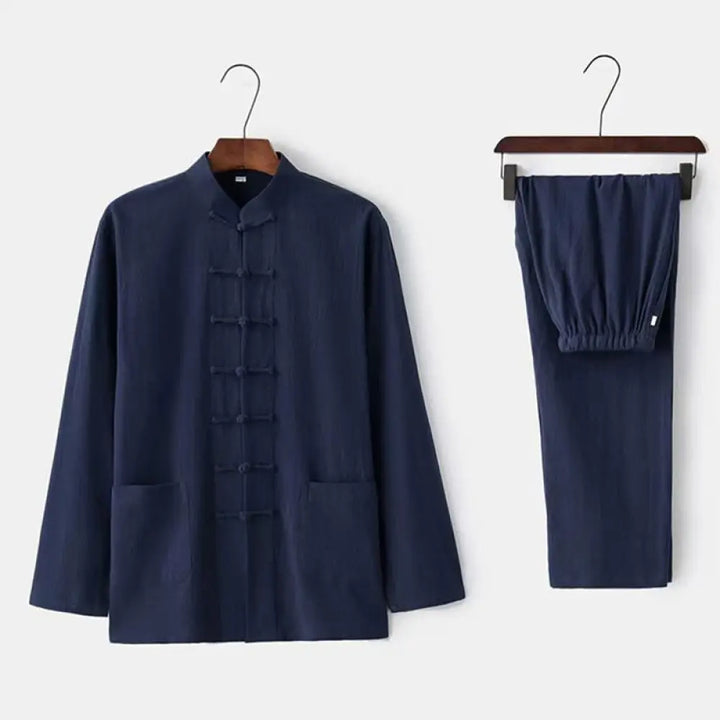 Buddha Stones 2Pcs Tang Suit Traditional Frog-Button Uniform Long Sleeve Shirt Pants Men’s Set - Navy / US/UK/AU32，EU42