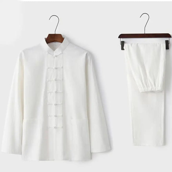 Buddha Stones 2Pcs Tang Suit Traditional Frog-Button Uniform Long Sleeve Shirt Pants Men’s Set - White