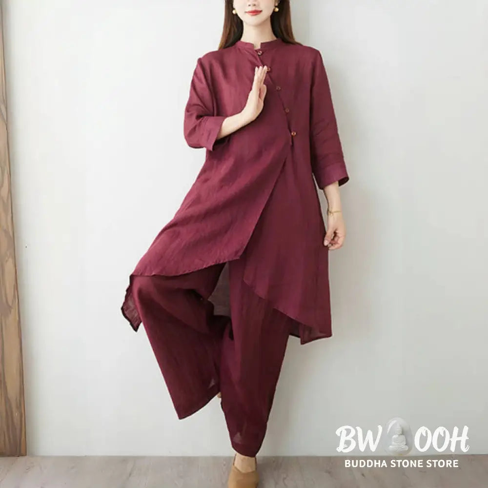 Buddha Stones 2Pcs Three Quarter Sleeve Shirt Top Pants Meditation Zen Tai Chi Cotton Linen Clothing Women’s Set