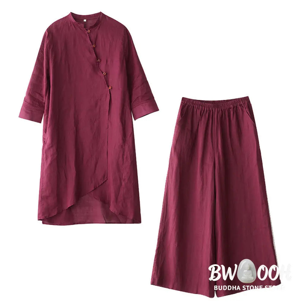 Buddha Stones 2Pcs Three Quarter Sleeve Shirt Top Pants Meditation Zen Tai Chi Cotton Linen Clothing Women’s Set