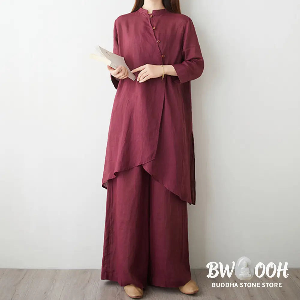 Buddha Stones 2Pcs Three Quarter Sleeve Shirt Top Pants Meditation Zen Tai Chi Cotton Linen Clothing Women’s Set