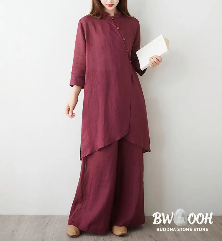 Buddha Stones 2Pcs Three Quarter Sleeve Shirt Top Pants Meditation Zen Tai Chi Cotton Linen Clothing Women’s Set