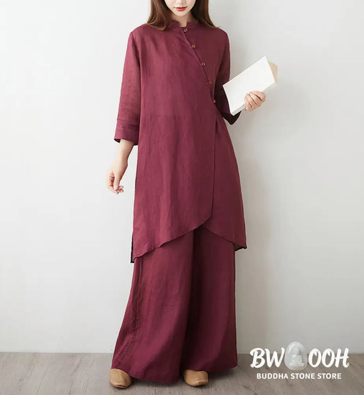 Buddha Stones 2Pcs Three Quarter Sleeve Shirt Top Pants Meditation Zen Tai Chi Cotton Linen Clothing Women’s Set