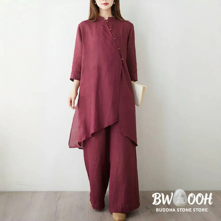 Buddha Stones 2Pcs Three Quarter Sleeve Shirt Top Pants Meditation Zen Tai Chi Cotton Linen Clothing Women’s Set