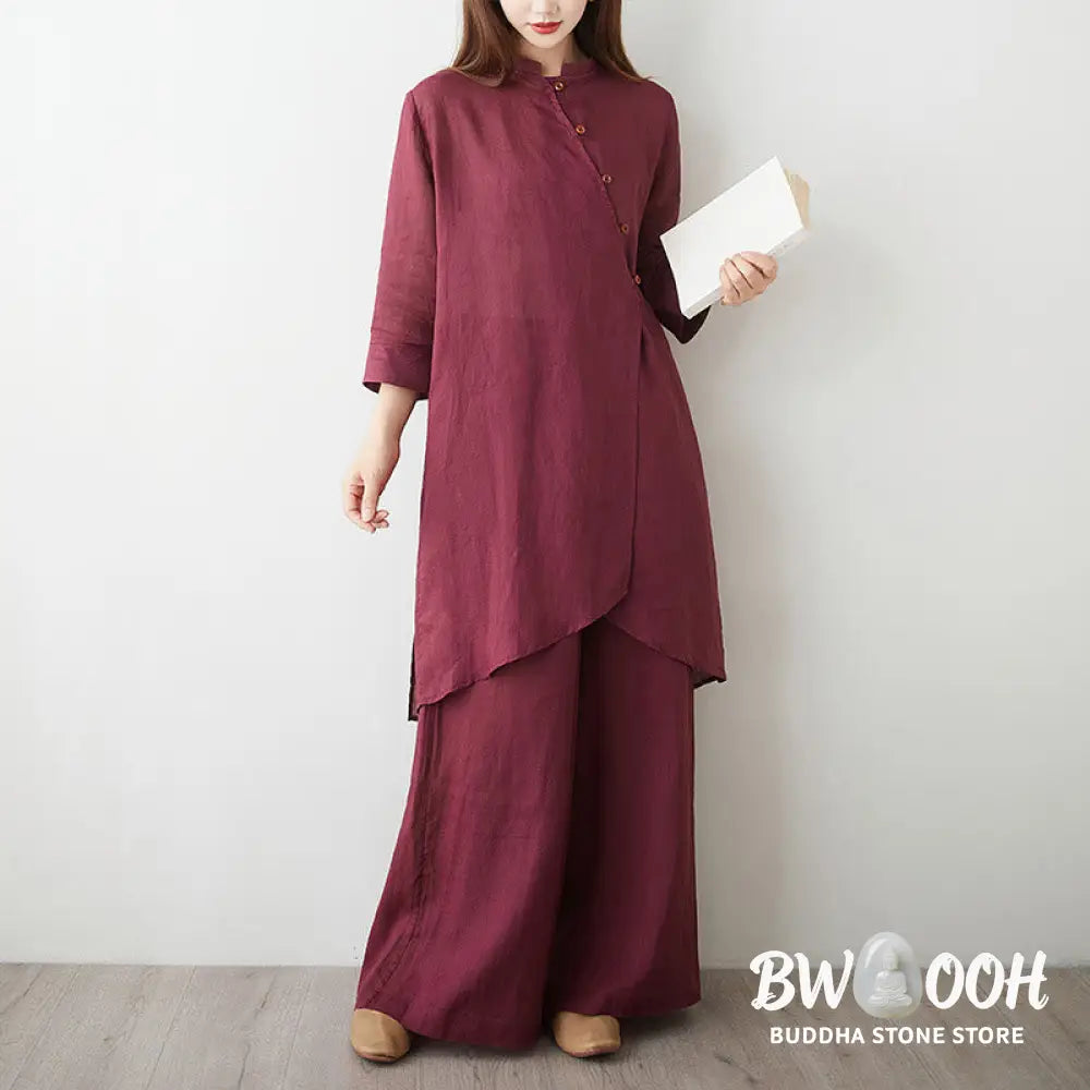 Buddha Stones 2Pcs Three Quarter Sleeve Shirt Top Pants Meditation Zen Tai Chi Cotton Linen Clothing Women’s Set