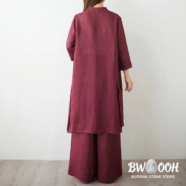 Buddha Stones 2Pcs Three Quarter Sleeve Shirt Top Pants Meditation Zen Tai Chi Cotton Linen Clothing Women’s Set