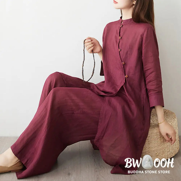 Buddha Stones 2Pcs Three Quarter Sleeve Shirt Top Pants Meditation Zen Tai Chi Cotton Linen Clothing Women’s Set