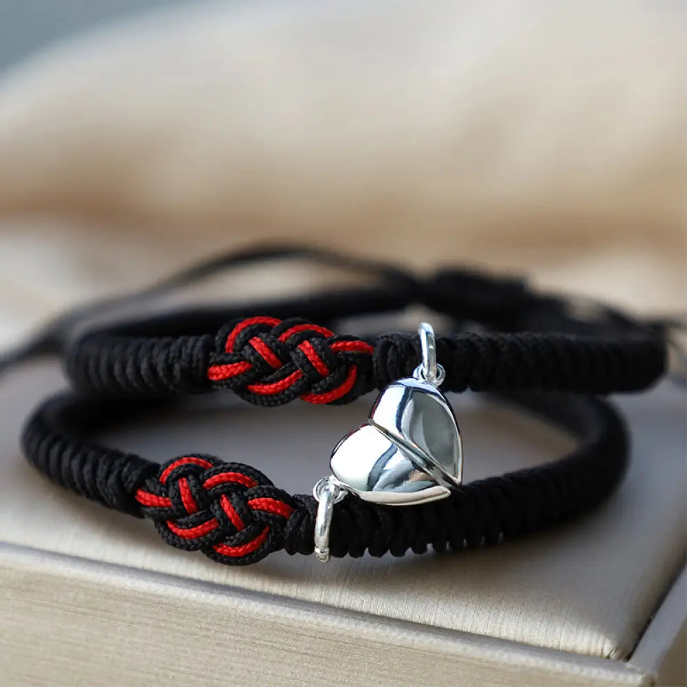 Buddha Stones 2Pcs Tibetan Luck Chinese Knot Protection String Bracelet - BWOOOH - Black&amp;Silver Heart(Bracelet Size