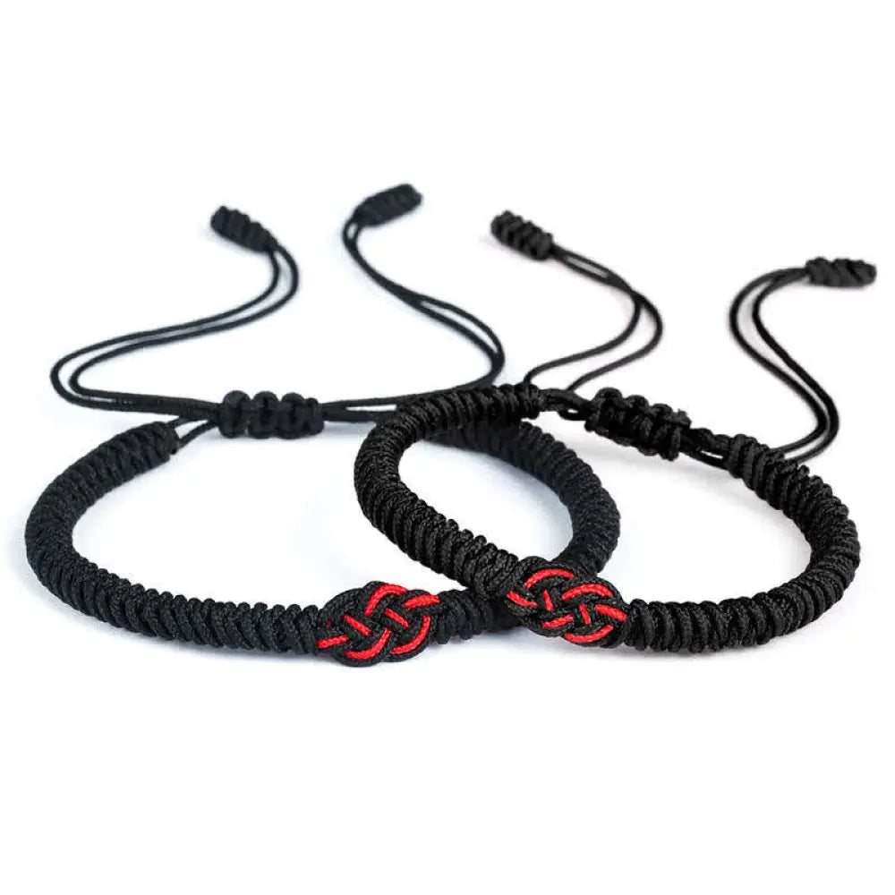 Buddha Stones 2Pcs Tibetan Luck Chinese Knot Protection String Bracelet - BWOOOH - Black(Bracelet Size 16-27cm)