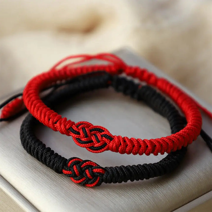 Buddha Stones 2Pcs Tibetan Luck Chinese Knot Protection String Bracelet - BWOOOH - Red&amp;Black(Bracelet Size 16-27cm)