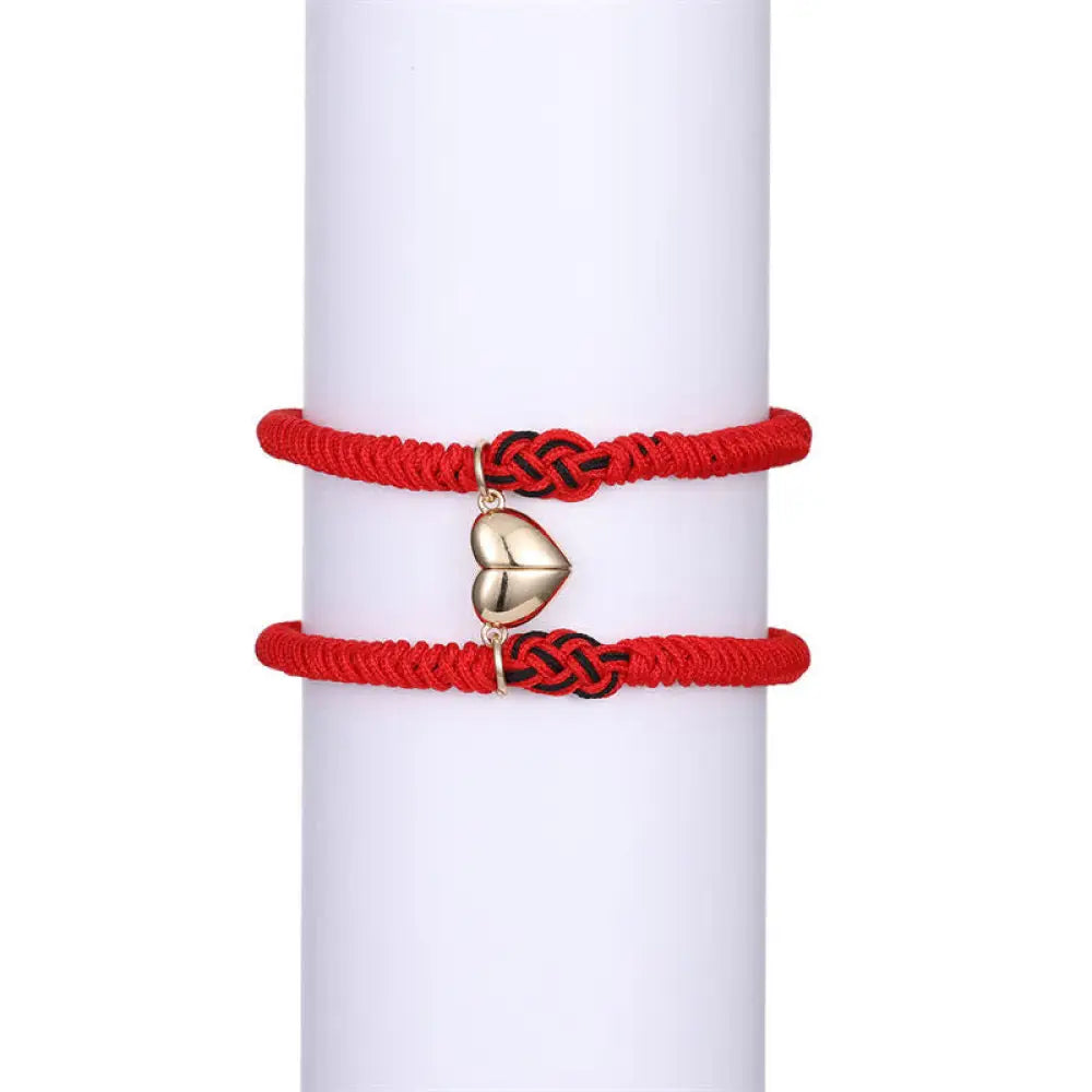 Buddha Stones 2Pcs Tibetan Luck Chinese Knot Protection String Bracelet - BWOOOH - Red&amp;Gold heart(Bracelet Size