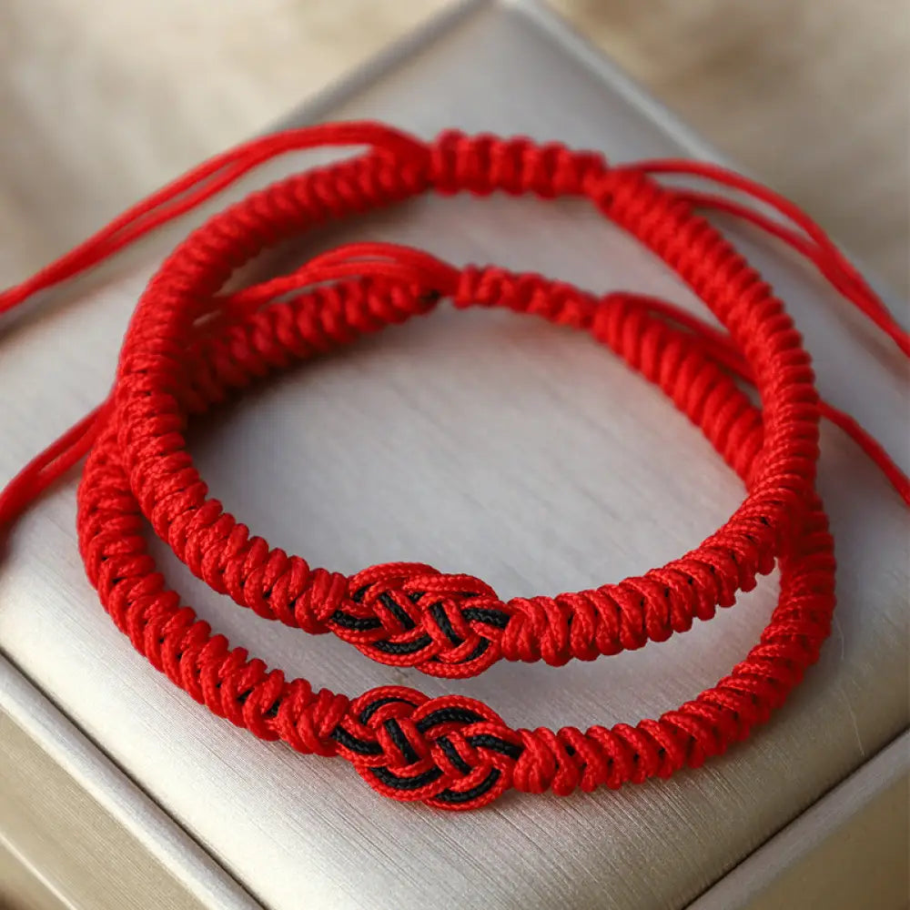 Buddha Stones 2Pcs Tibetan Luck Chinese Knot Protection String Bracelet - BWOOOH - Red(Bracelet Size 16-27cm) - Bracelet