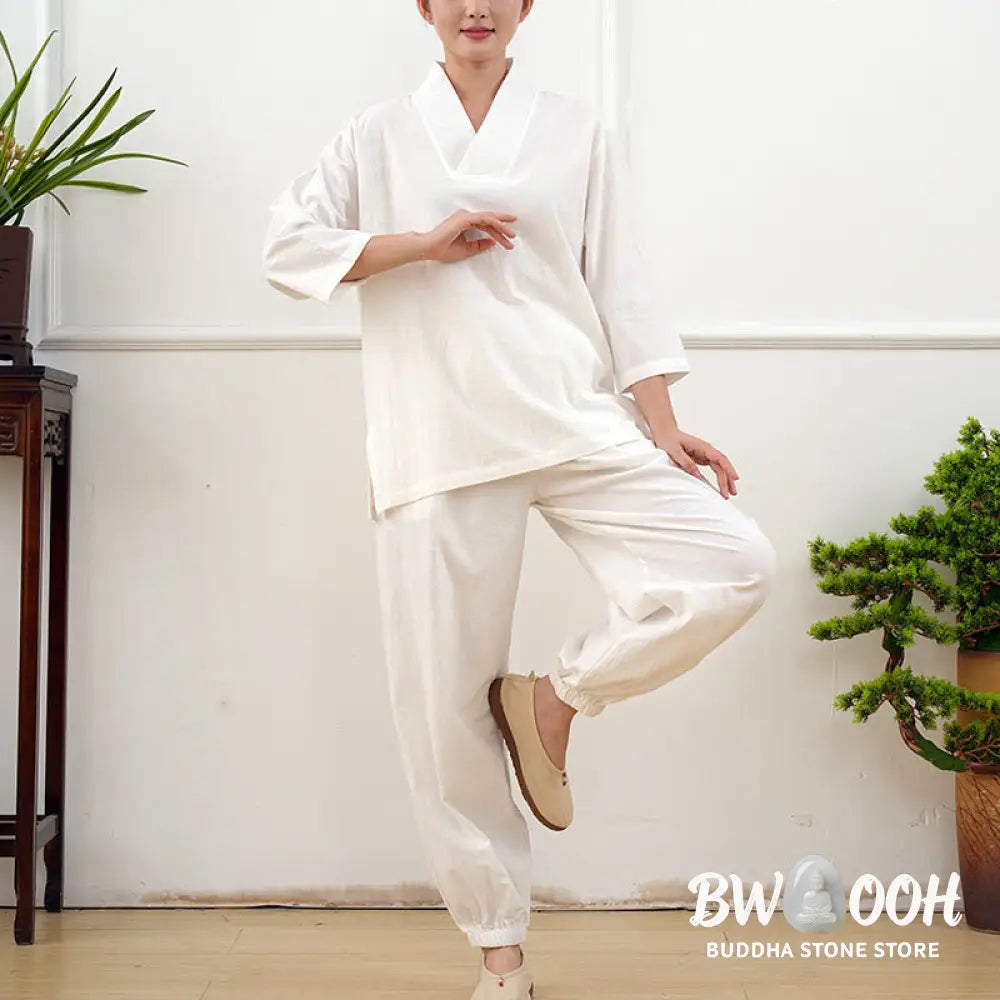 Buddha Stones 2Pcs V-Neck Three Quarter Sleeve Shirt Top Pants Meditation Zen Tai Chi Cotton Linen Clothing Women’s Set
