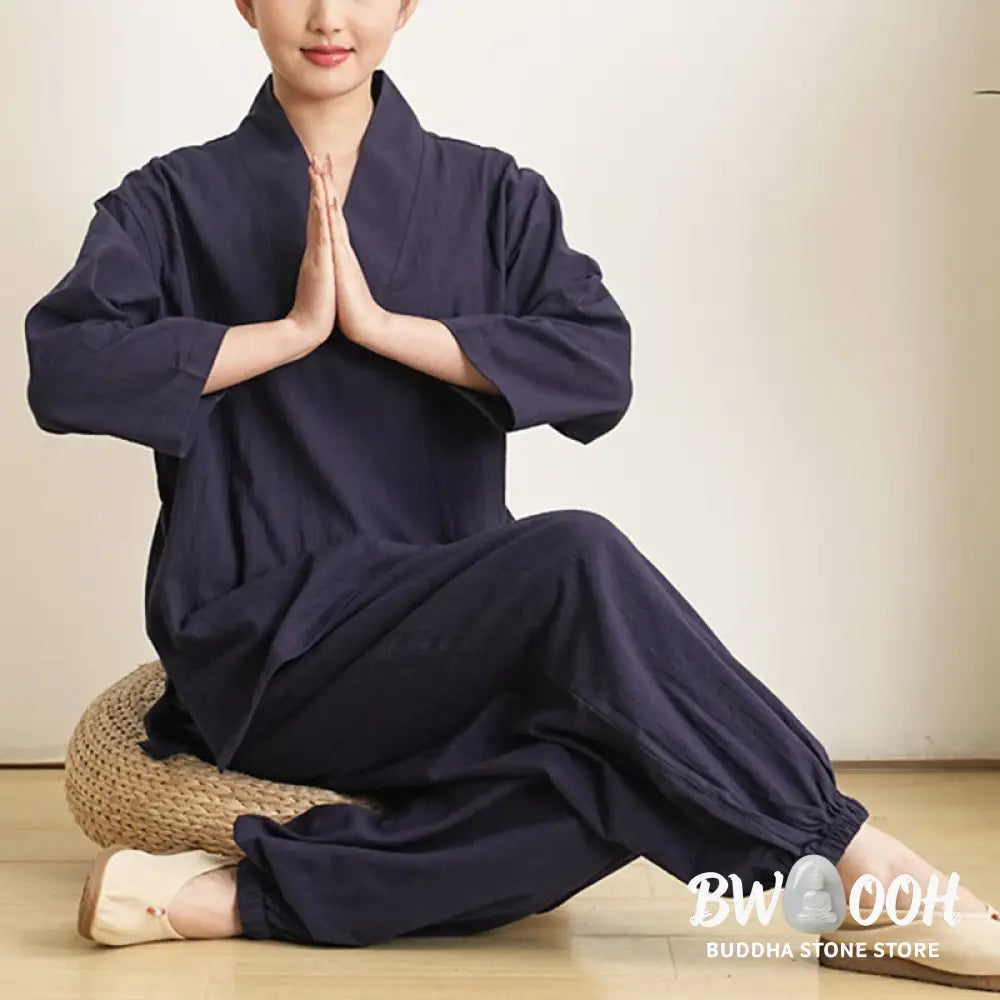 Buddha Stones 2Pcs V-Neck Three Quarter Sleeve Shirt Top Pants Meditation Zen Tai Chi Cotton Linen Clothing Women’s Set