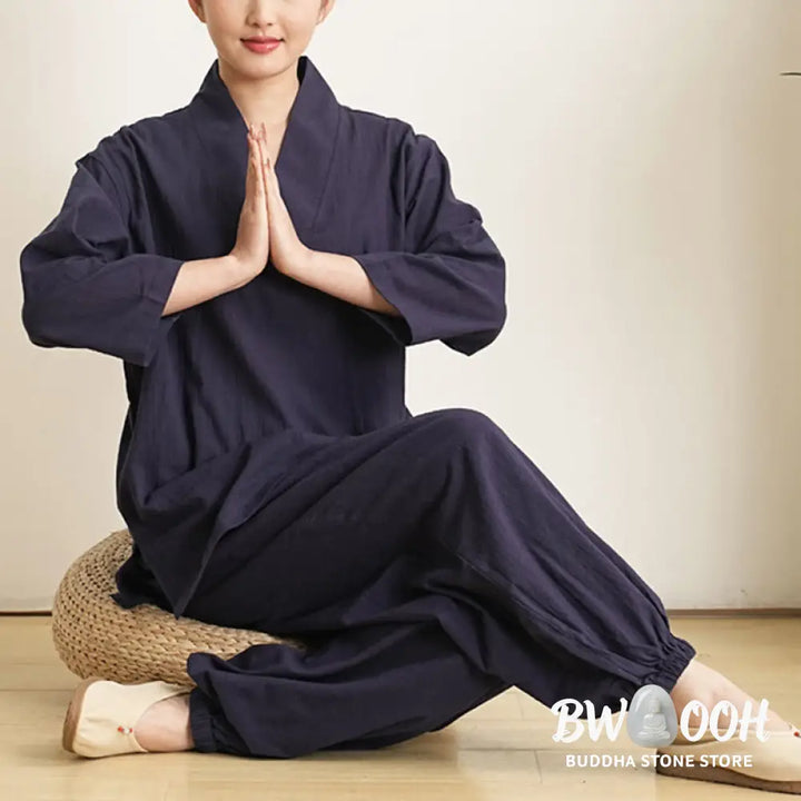 Buddha Stones 2Pcs V-Neck Three Quarter Sleeve Shirt Top Pants Meditation Zen Tai Chi Cotton Linen Clothing Women’s Set