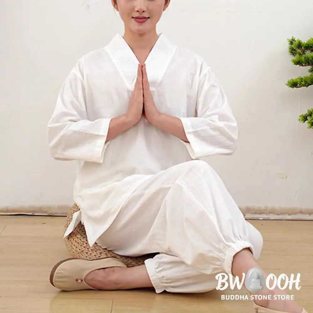 Buddha Stones 2Pcs V-Neck Three Quarter Sleeve Shirt Top Pants Meditation Zen Tai Chi Cotton Linen Clothing Women’s Set
