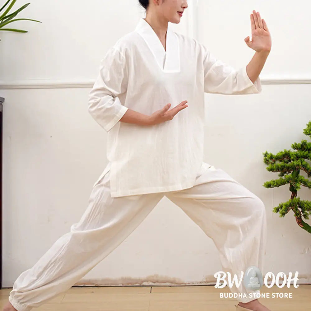 Buddha Stones 2Pcs V-Neck Three Quarter Sleeve Shirt Top Pants Meditation Zen Tai Chi Cotton Linen Clothing Women’s Set