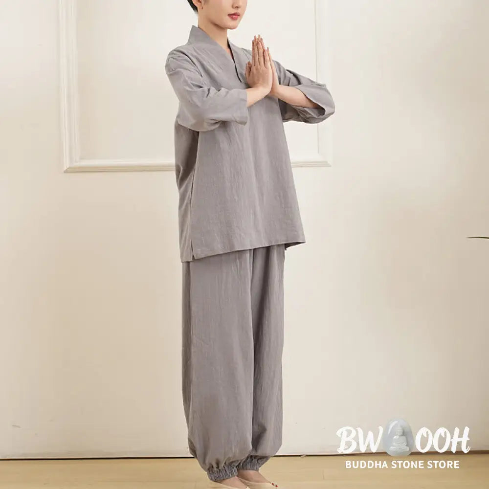 Buddha Stones 2Pcs V-Neck Three Quarter Sleeve Shirt Top Pants Meditation Zen Tai Chi Cotton Linen Clothing Women’s Set