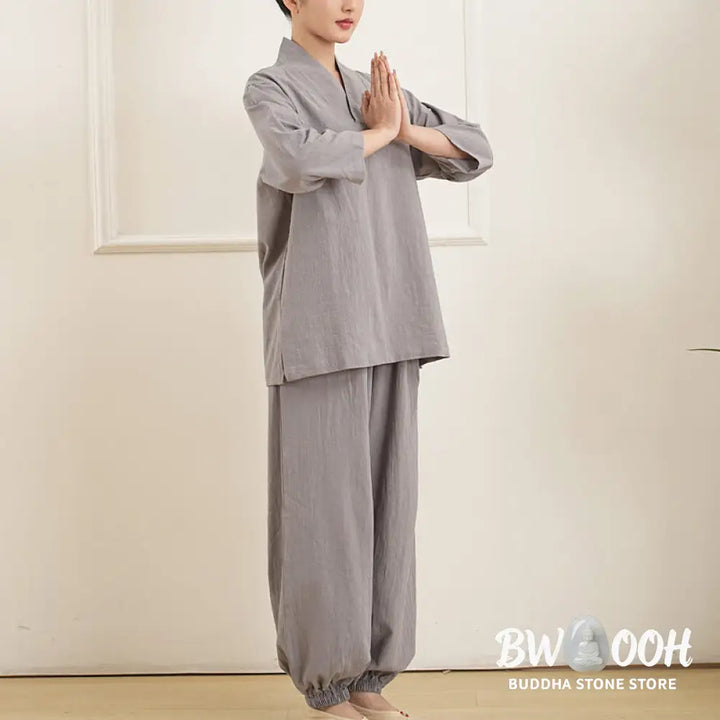 Buddha Stones 2Pcs V-Neck Three Quarter Sleeve Shirt Top Pants Meditation Zen Tai Chi Cotton Linen Clothing Women’s Set