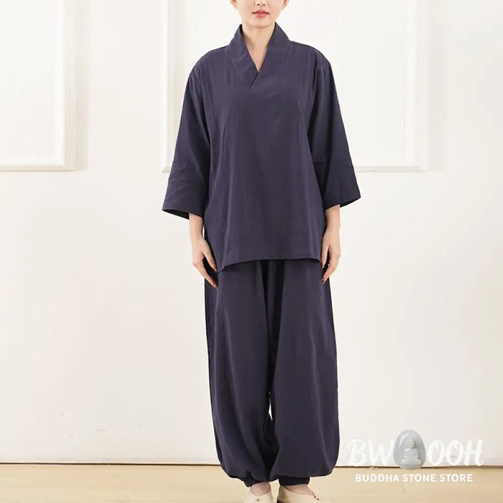 Buddha Stones 2Pcs V-Neck Three Quarter Sleeve Shirt Top Pants Meditation Zen Tai Chi Cotton Linen Clothing Women’s Set