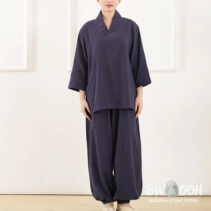Buddha Stones 2Pcs V-Neck Three Quarter Sleeve Shirt Top Pants Meditation Zen Tai Chi Cotton Linen Clothing Women’s Set