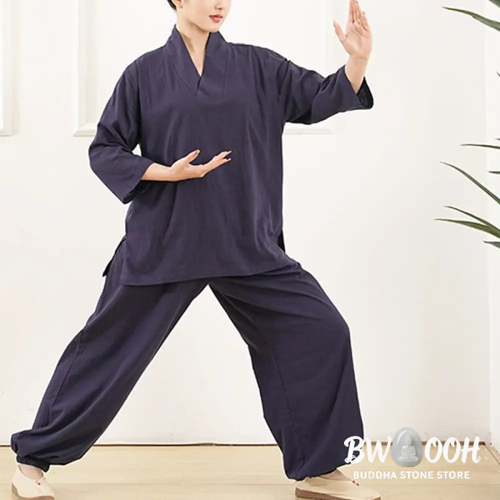 Buddha Stones 2Pcs V-Neck Three Quarter Sleeve Shirt Top Pants Meditation Zen Tai Chi Cotton Linen Clothing Women’s Set