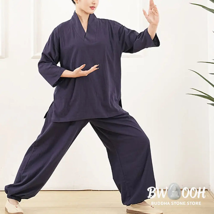 Buddha Stones 2Pcs V-Neck Three Quarter Sleeve Shirt Top Pants Meditation Zen Tai Chi Cotton Linen Clothing Women’s Set