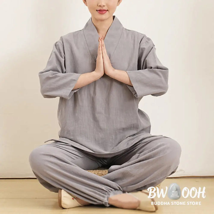 Buddha Stones 2Pcs V-Neck Three Quarter Sleeve Shirt Top Pants Meditation Zen Tai Chi Cotton Linen Clothing Women’s Set