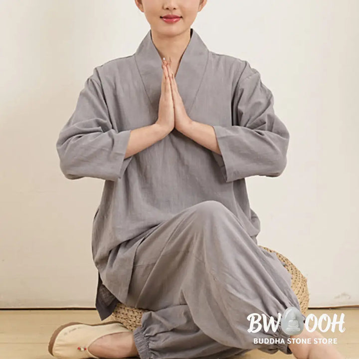 Buddha Stones 2Pcs V-Neck Three Quarter Sleeve Shirt Top Pants Meditation Zen Tai Chi Cotton Linen Clothing Women’s Set
