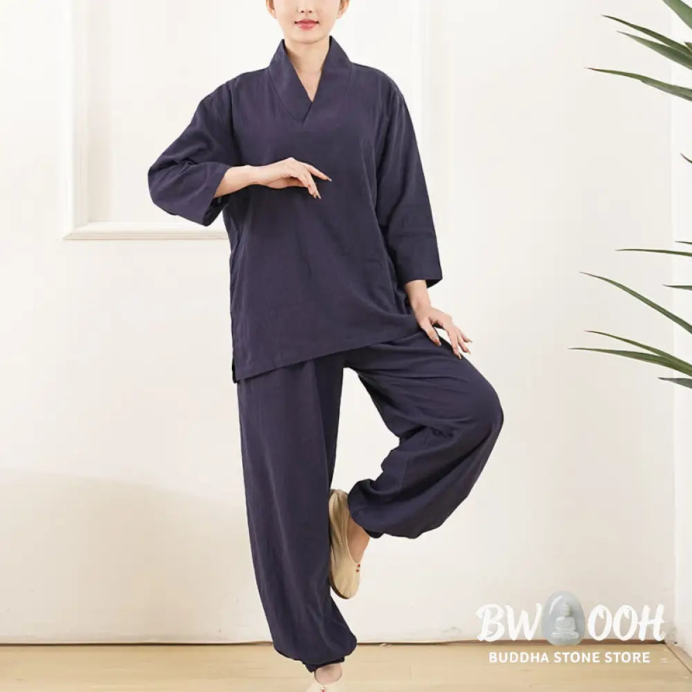 Buddha Stones 2Pcs V-Neck Three Quarter Sleeve Shirt Top Pants Meditation Zen Tai Chi Cotton Linen Clothing Women’s Set