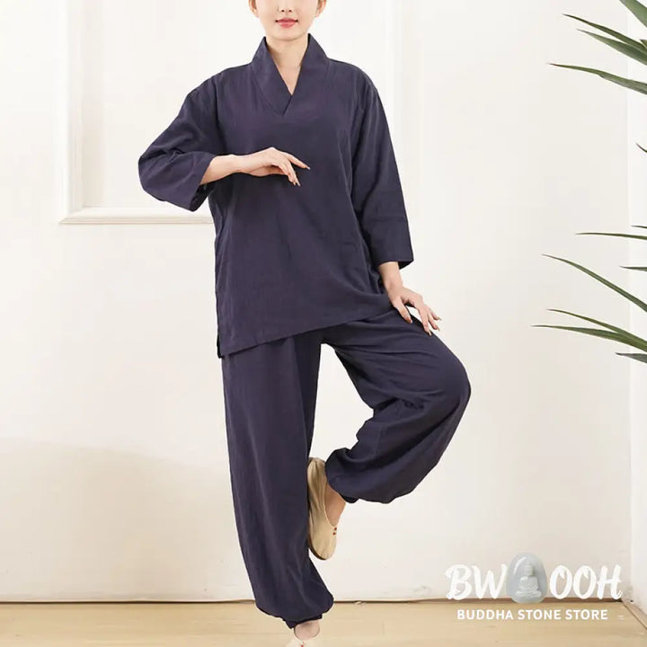 Buddha Stones 2Pcs V-Neck Three Quarter Sleeve Shirt Top Pants Meditation Zen Tai Chi Cotton Linen Clothing Women’s Set