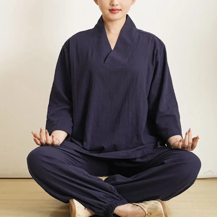 Buddha Stones 2Pcs V-Neck Three Quarter Sleeve Shirt Top Pants Meditation Zen Tai Chi Cotton Linen Clothing Women’s Set