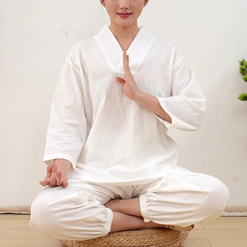 Buddha Stones 2Pcs V-Neck Three Quarter Sleeve Shirt Top Pants Meditation Zen Tai Chi Cotton Linen Clothing Women’s Set