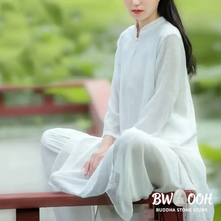 Buddha Stones 2Pcs White Tai Chi Meditation Yoga Zen Cotton Linen Clothing Top Pants Women’s Set - Clothes