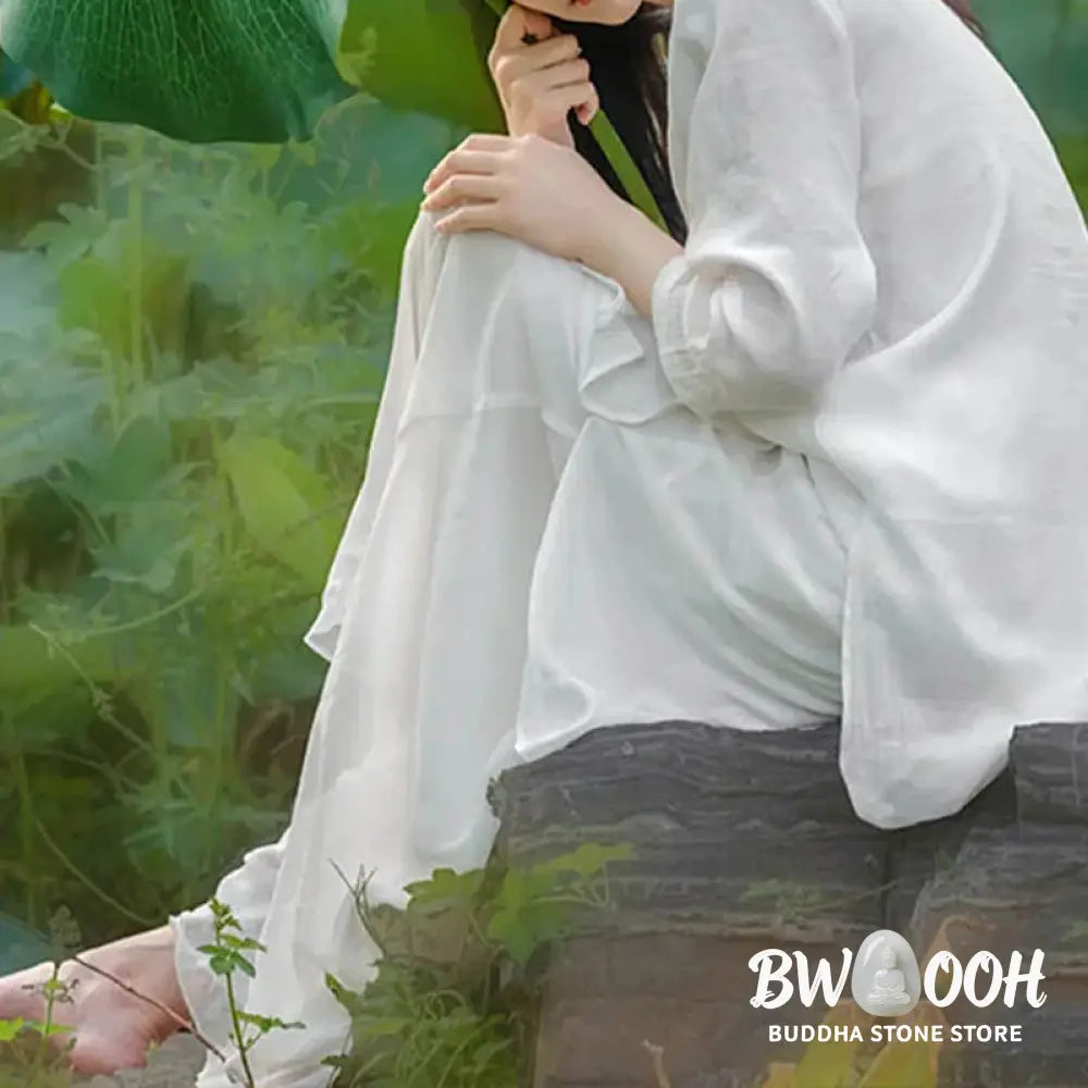 Buddha Stones 2Pcs White Tai Chi Meditation Yoga Zen Cotton Linen Clothing Top Pants Women’s Set - Clothes