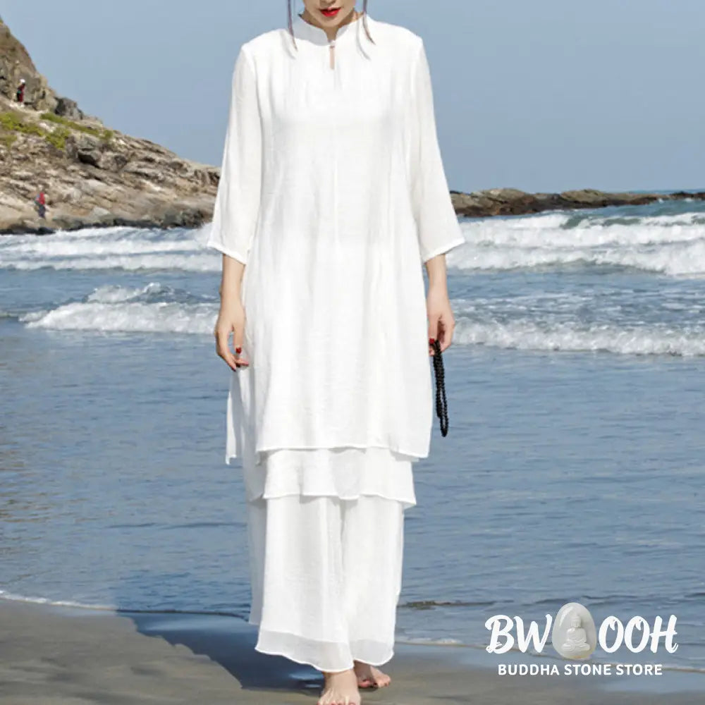 Buddha Stones 2Pcs White Tai Chi Meditation Yoga Zen Cotton Linen Clothing Top Pants Women’s Set - Clothes