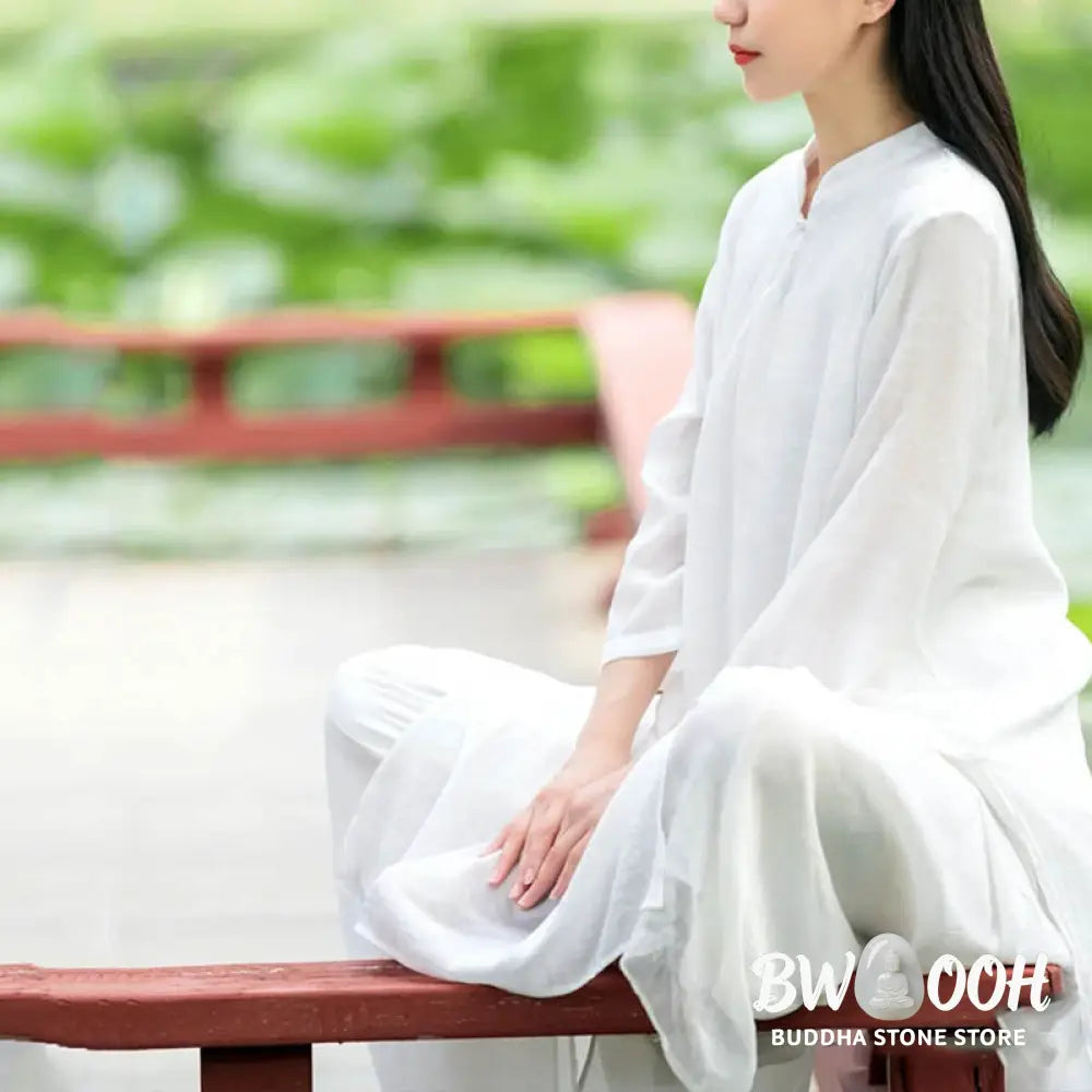 Buddha Stones 2Pcs White Tai Chi Meditation Yoga Zen Cotton Linen Clothing Top Pants Women’s Set - Clothes